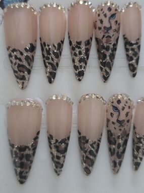 Hand Crafted Nude and Black Leopard Stiletto Press-On Nails with Rhinestones